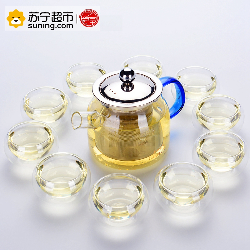艺宏堂茶具玻璃茶具 艺宏堂玻璃花茶壶 耐高温玻璃茶具 蓝把短嘴玻璃套装