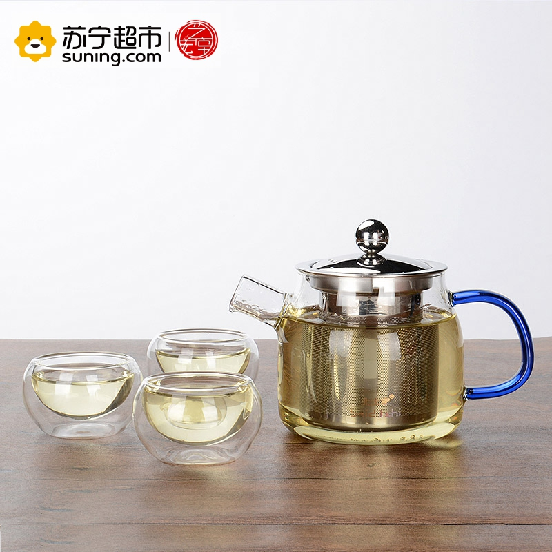 艺宏堂茶具玻璃茶具 艺宏堂玻璃花茶壶 耐高温玻璃茶具 蓝把短嘴玻璃套装