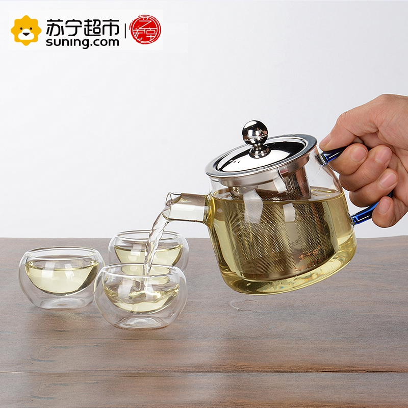 艺宏堂茶具玻璃茶具 艺宏堂玻璃花茶壶 耐高温玻璃茶具 蓝把短嘴玻璃套装