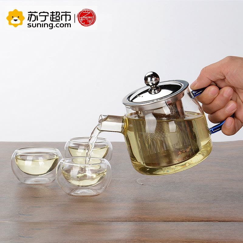 艺宏堂茶具玻璃茶具 艺宏堂玻璃花茶壶 耐高温玻璃茶具 蓝把短嘴玻璃套装图片