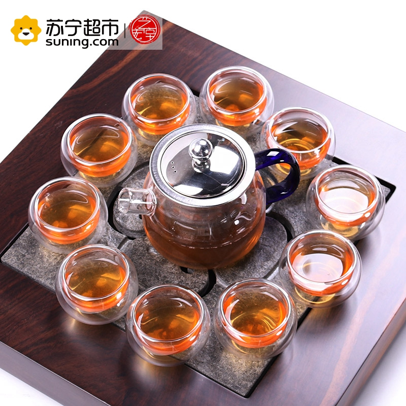 艺宏堂茶具玻璃茶具 艺宏堂玻璃花茶壶 耐高温玻璃茶具 蓝把短嘴玻璃套装