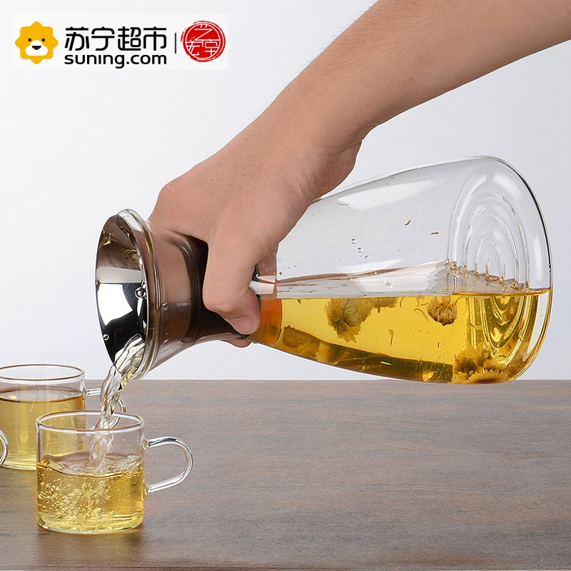 艺宏堂茶具玻璃茶壶 艺宏堂玻璃茶壶漏水壶果汁壶 宽口壶1420ml赠6个直身把杯