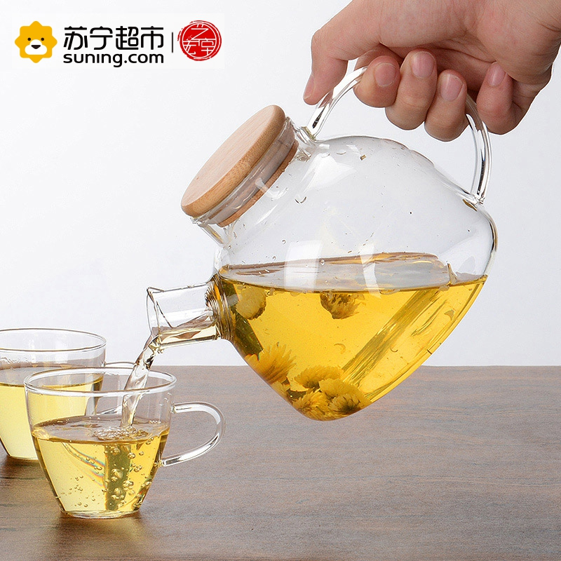 艺宏堂茶具玻璃茶壶 艺宏堂 耐高温玻璃茶具花茶壶 竹盖短嘴壶1150ml