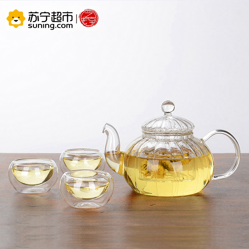艺宏堂茶具玻璃茶具 艺宏堂耐高温玻璃茶具花茶壶 条纹壶把杯套装