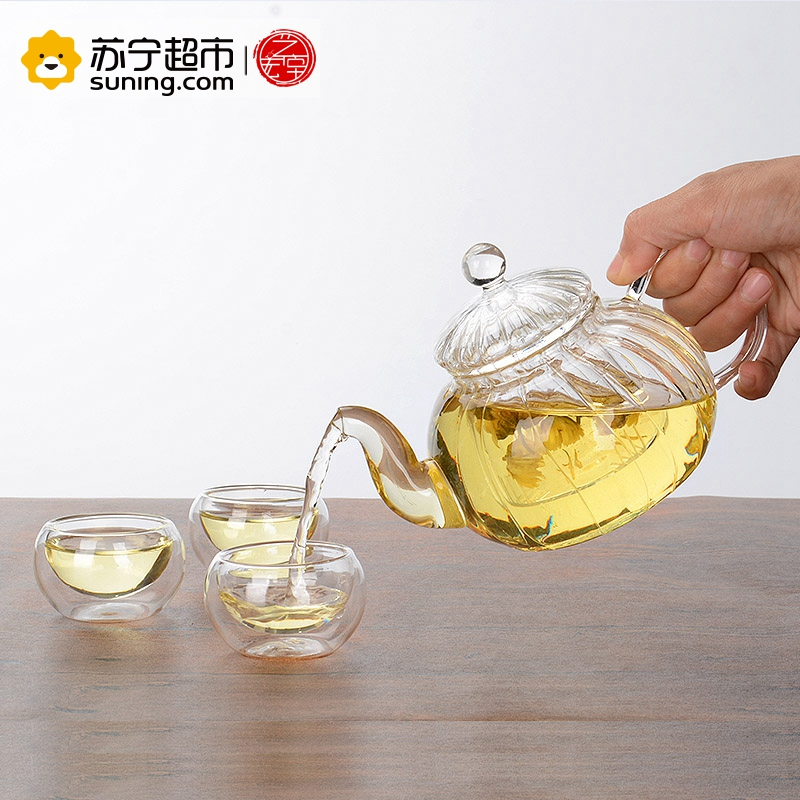 艺宏堂茶具玻璃茶具 艺宏堂耐高温玻璃茶具花茶壶 条纹壶把杯套装