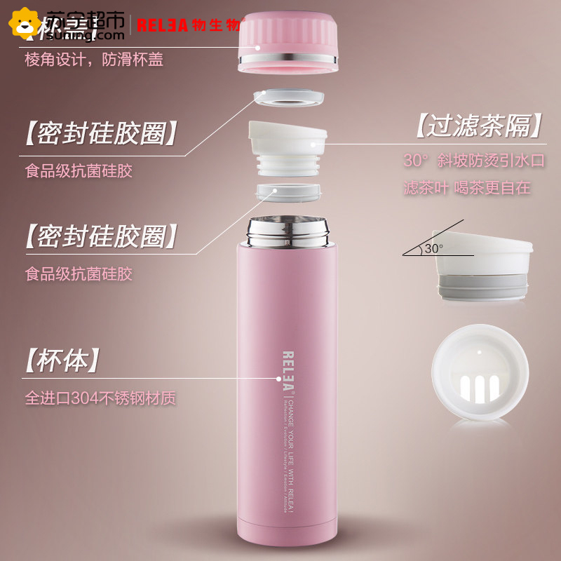 物生物(RELEA)保温杯 不锈钢茶杯水杯子罗马男女士创意时尚壶直身杯500ML大容量保温杯