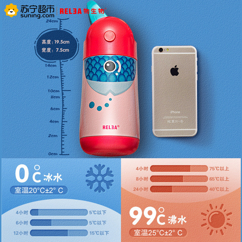 物生物(RELEA)儿童保温杯带吸管320ML小学生水壶男女宝宝可爱便携不锈钢水杯子