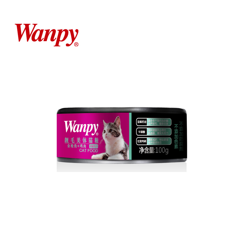 顽皮wanpy猫罐头 猫用金枪鱼+鸡肉靓毛美体罐头100g*3