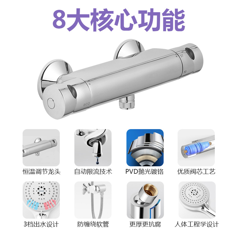 科勒恒温淋浴花洒龙头艾柯挂墙式浴缸花洒龙头72684T-7-CP淋浴器