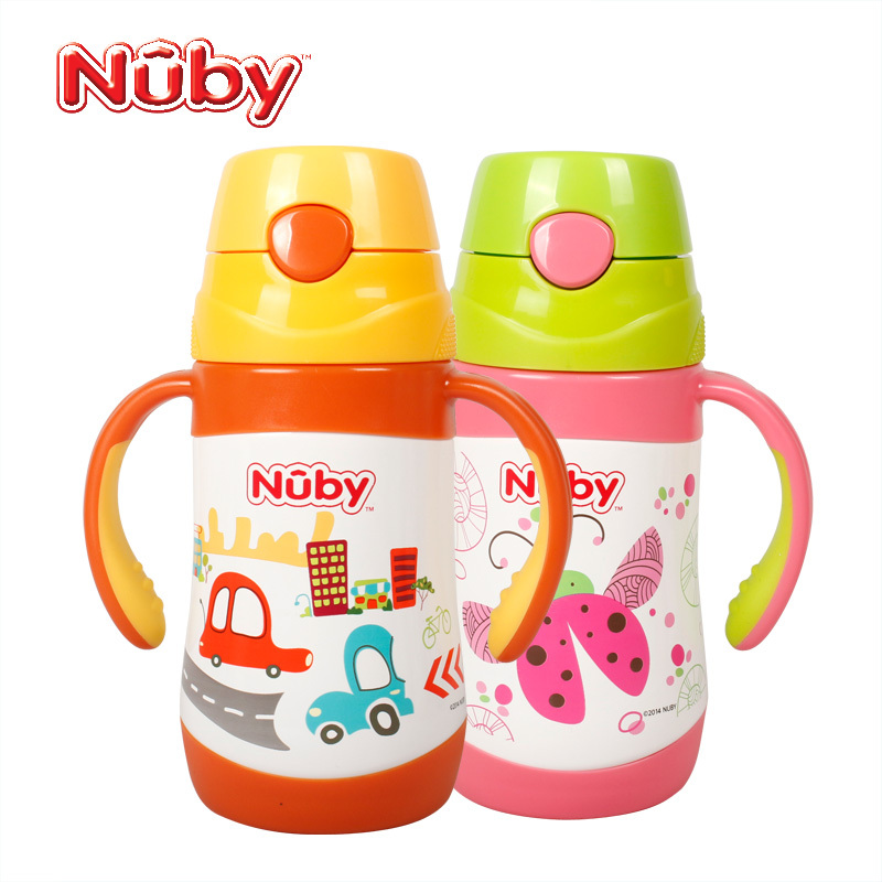 美国Nuby/努比 新款宝宝儿童不锈钢真空按键式保温杯吸管杯水杯280ml 瓢虫