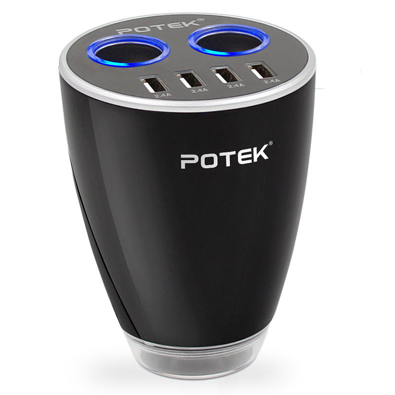 POTEK车载充电器点烟器一拖二汽车充电器四USB车载电源 车用安全锤车充 手机电源转换器