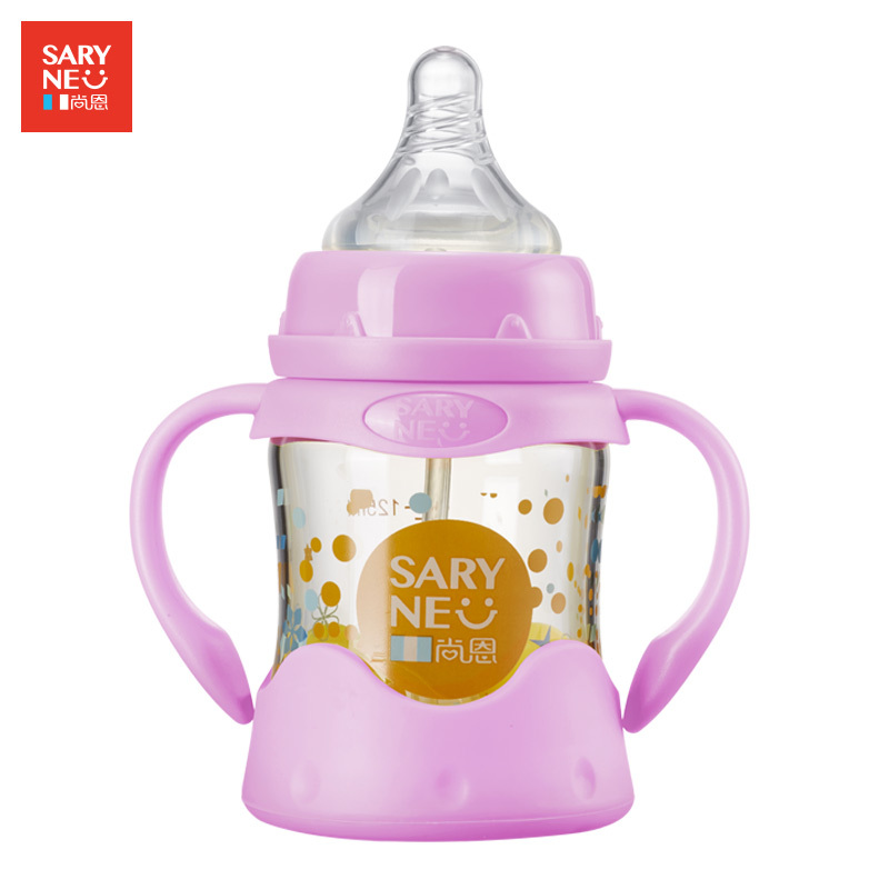 尚恩(saryne)婴儿宽口径 晶钻玻璃带胶套防摔带手柄自动吸奶瓶SN-CF019 粉色125ML