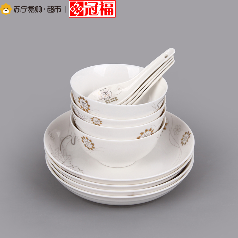 冠福 金玉良缘16头碗碟餐具瓷器创意家用中式饭碗菜盘套装