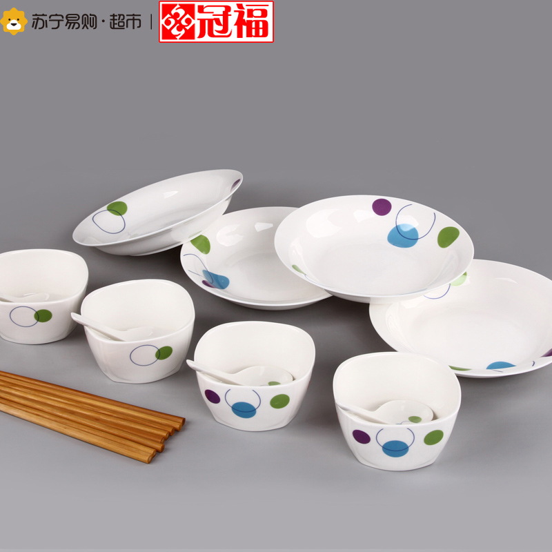 冠福 团圆16头碗碟餐具瓷器创意家用中式饭碗菜盘套装