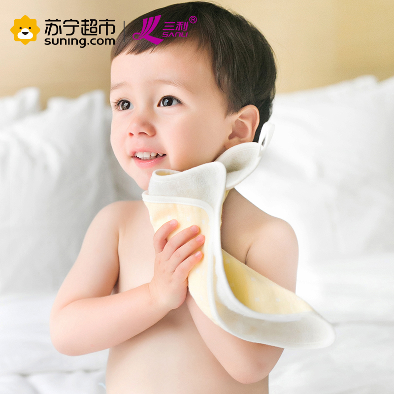 三利 纯棉高密度纱布婴幼儿口水巾2条装 A类安全标准 方巾手帕 带挂绳擦汗巾 26×26cm 中黄+淡蓝