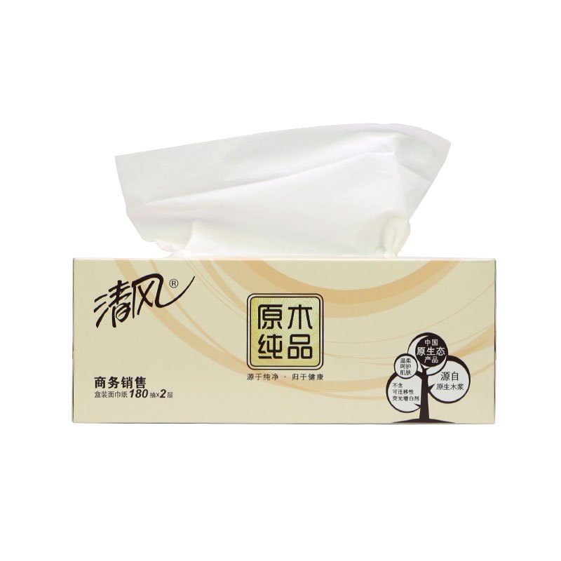 清风原木纯品盒装面巾纸 2层180抽