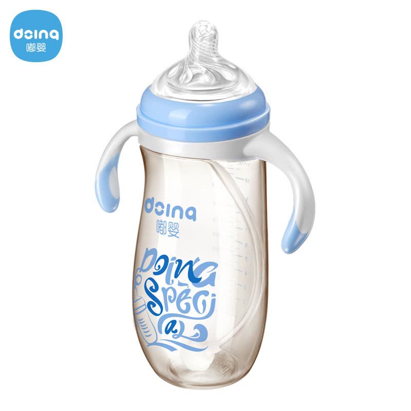 嘟婴婴儿奶瓶宽口径PPSU带吸管手柄 塑料儿童宝宝奶瓶DY-003-330ML颜色随机图片