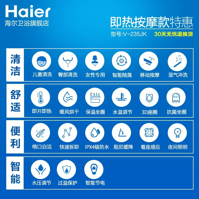 海尔(Haier)卫玺即热式抗菌洁身器V-235JK智能马桶盖 妇洗臀洗儿童清洗 喷嘴自洁可拆洗 脲醛盖板 着座感应