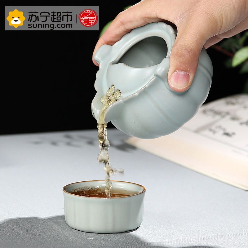 艺宏堂茶具快客杯 艺宏堂汝窑开片可养瓷器陶瓷 一壶一杯 个人泡茶南瓜快客杯