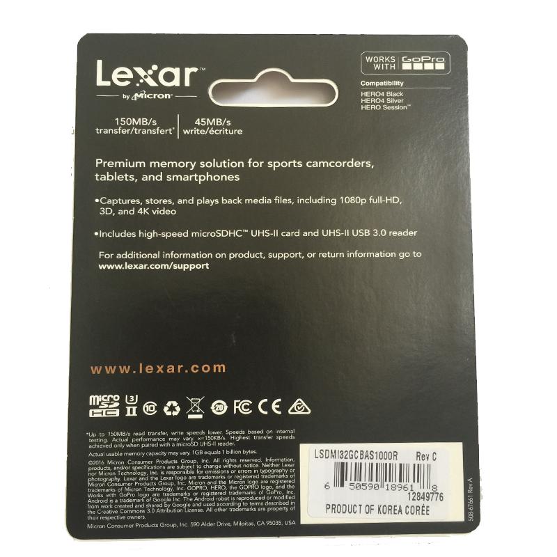 雷克沙Lexar TF卡32GB 1000X读150MB/s写45MB/s无人机运动相机手机存储卡(配读卡器)