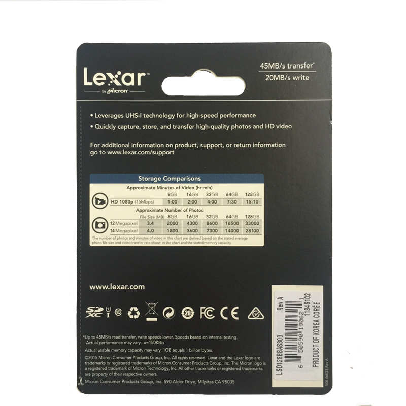 雷克沙(Lexar)SD卡 128GB 300X 读45MB/s相机存储卡