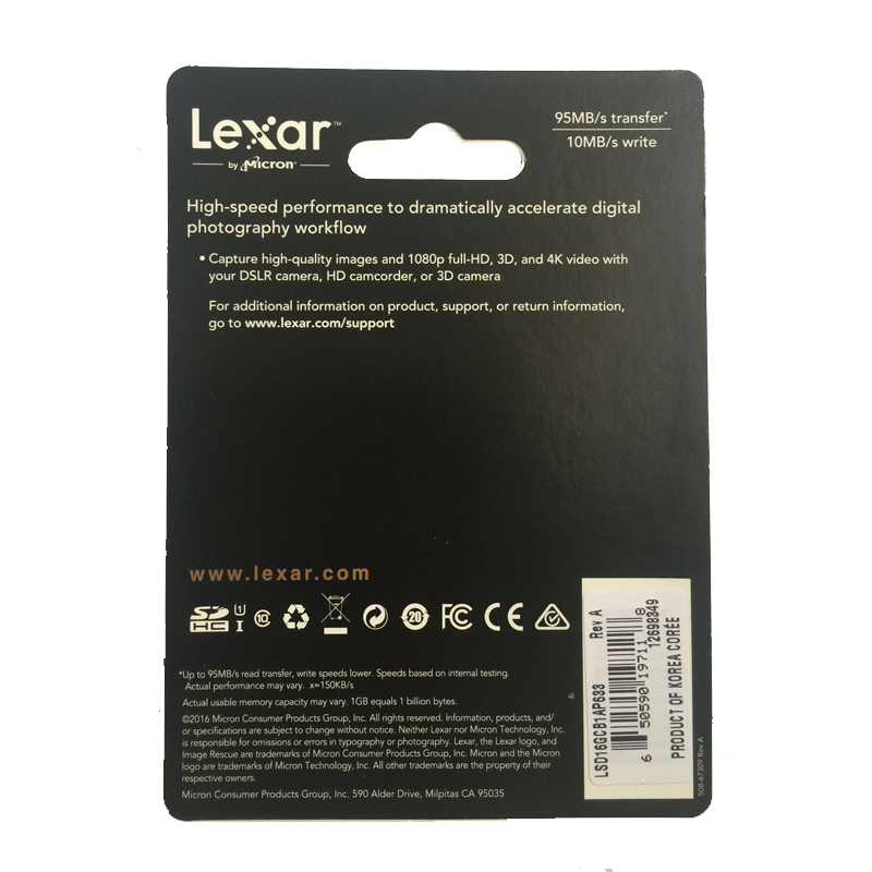 雷克沙(Lexar)SD卡 16GB 633X 读95MB/s写10MB/s相机存储卡