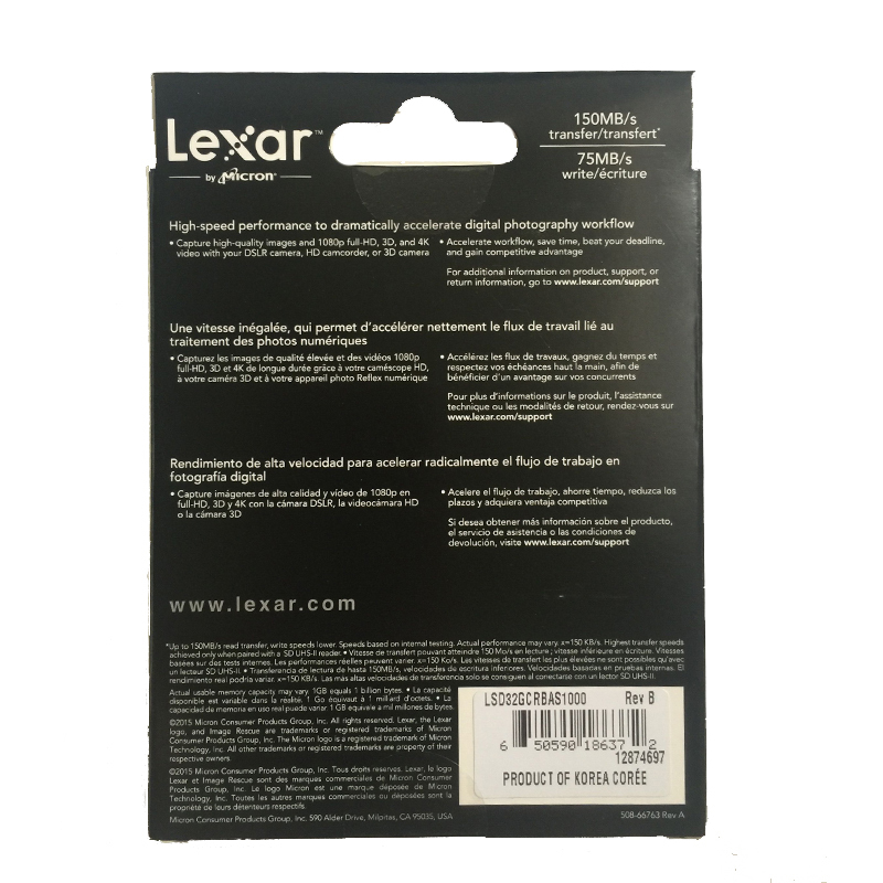 雷克沙Lexar SD卡32GB 1000X读150MB/s写75MB/s相机存储卡