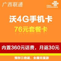 武汉联通沃4G手机卡(76套餐卡,内含360元话费,每月返30元)