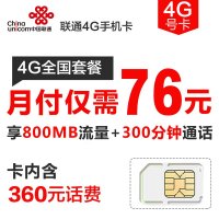 金华联通沃4G手机卡 电话卡（106套餐卡，内含360元话费，每月返30元)
