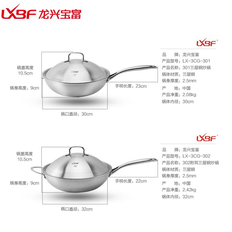 龙兴宝富(LXBF) 32cm三层钢炒锅LX-3CG-302M;304不锈钢 热量内循环锅盖设计图片