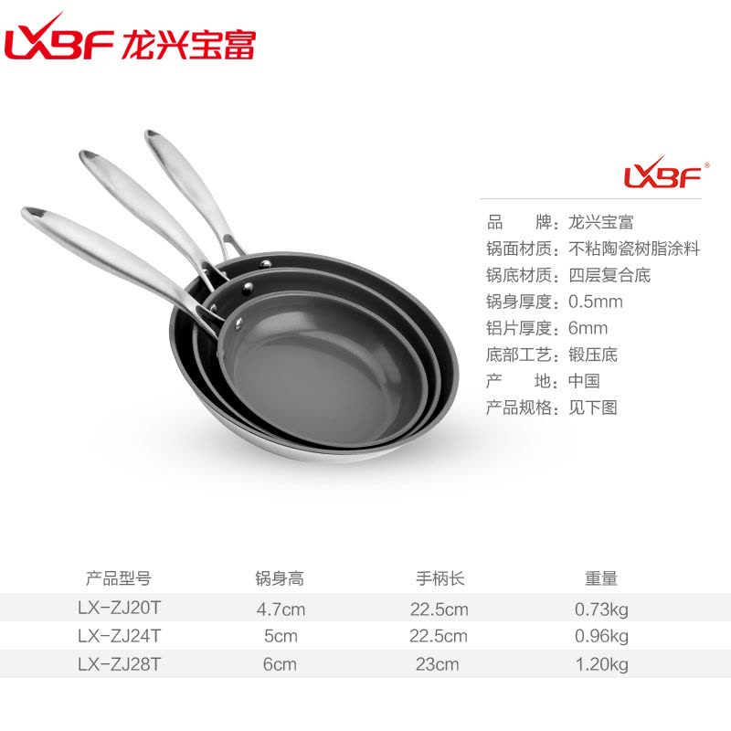 龙兴宝富(LXBF) 28CM 无盖不锈钢陶瓷不粘煎锅煎盘LX-ZJ28TM;食品级不锈钢基材 电磁炉,天燃气适用图片