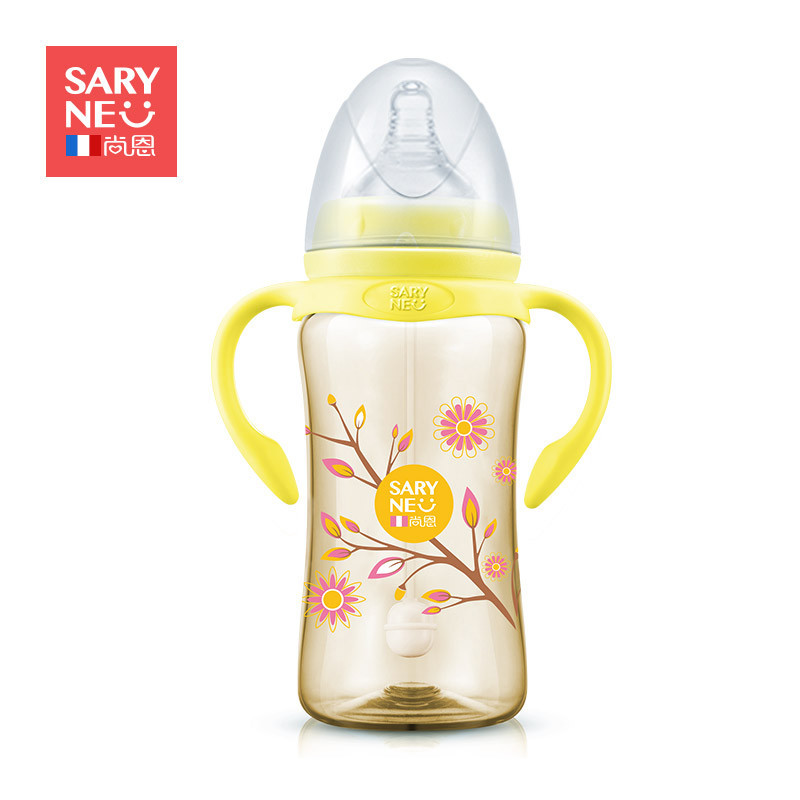 尚恩宽口径PPSU进口材质婴儿带手柄防摔防爆裂宝宝奶瓶300ml-黄色