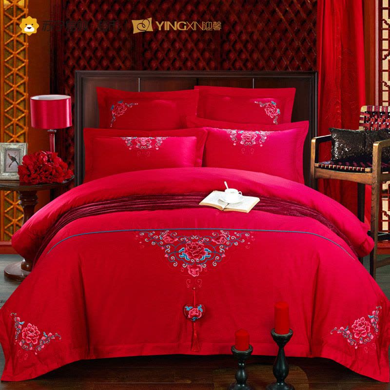 迎馨(YINGXIN) 大红色婚庆全棉贡缎绣花六件套床品套装被套200x230cm 1.8m床适用 名门世家图片