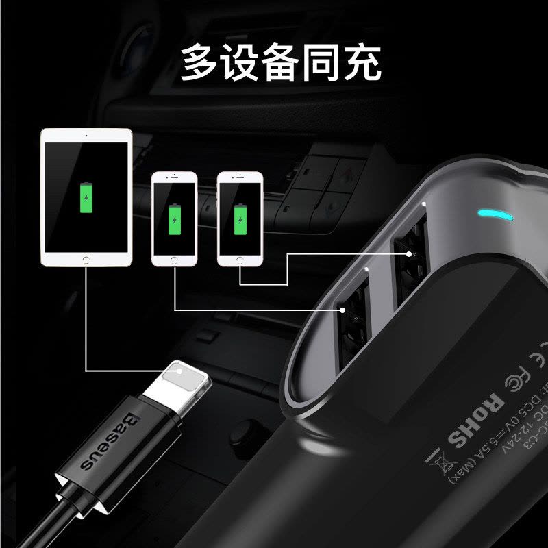 倍思(Baseus)车载充电器 汽车用点烟器式车充 车用 手机车充 usb转接口手机通用头多功能 一拖三 黑色图片