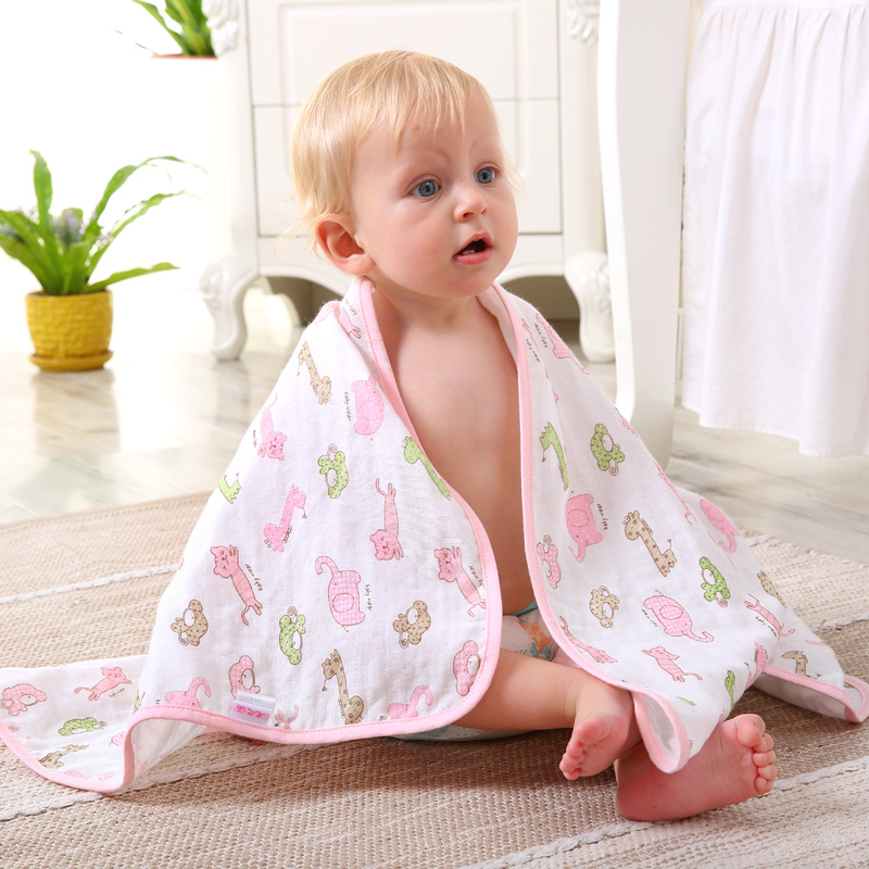[苏宁自营]龙之涵婴儿三层纱布婴儿浴巾 纯棉透气舒适可做盖毯 baby乐园粉