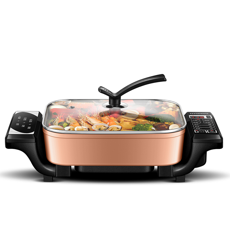 现代 (HYUNDAI) QC-FG1639 多功能家用韩式电热火锅方锅 炒锅玫瑰金