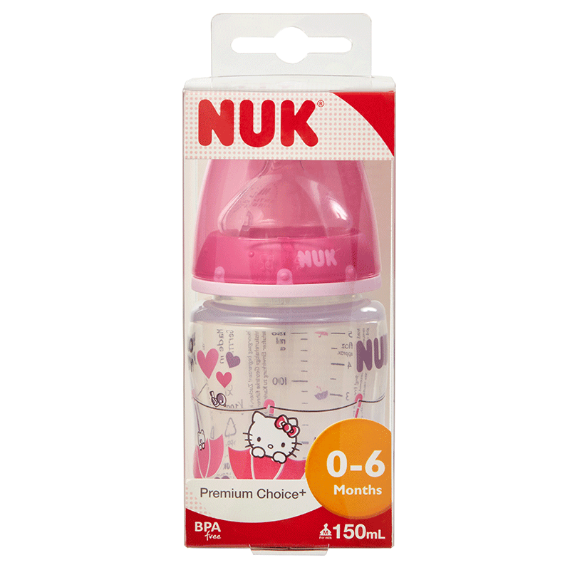 NUK150ML宽口PP彩色Hello Kitty印花奶瓶(带初生型硅胶中圆孔奶嘴)