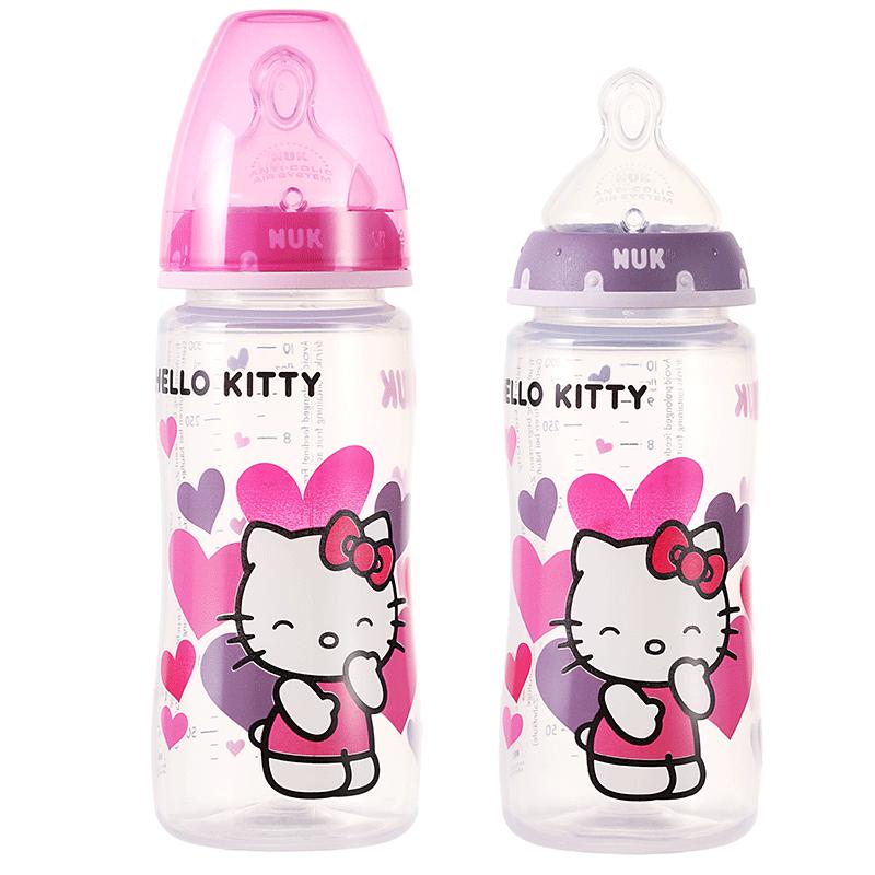 NUK300ML宽口PP彩色Hello Kitty印花奶瓶2支装(带初生型硅胶中圆孔奶嘴)颜色随机
