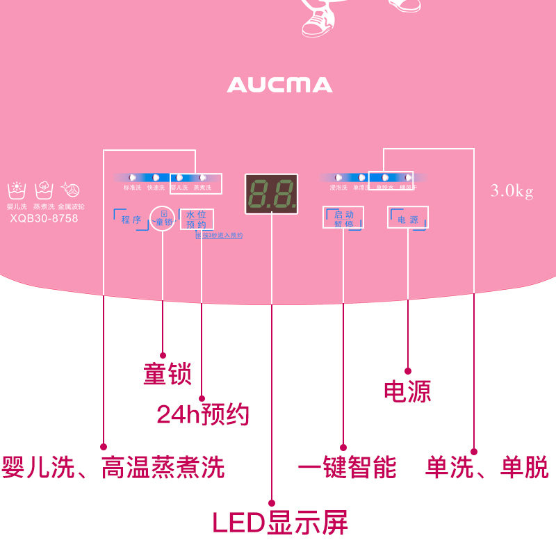 澳柯玛(AUCMA)XQB30-8768 3.0公斤 90℃高温蒸煮洗 婴儿童 非变频 迷你 全自动波轮洗衣机(炫彩粉)