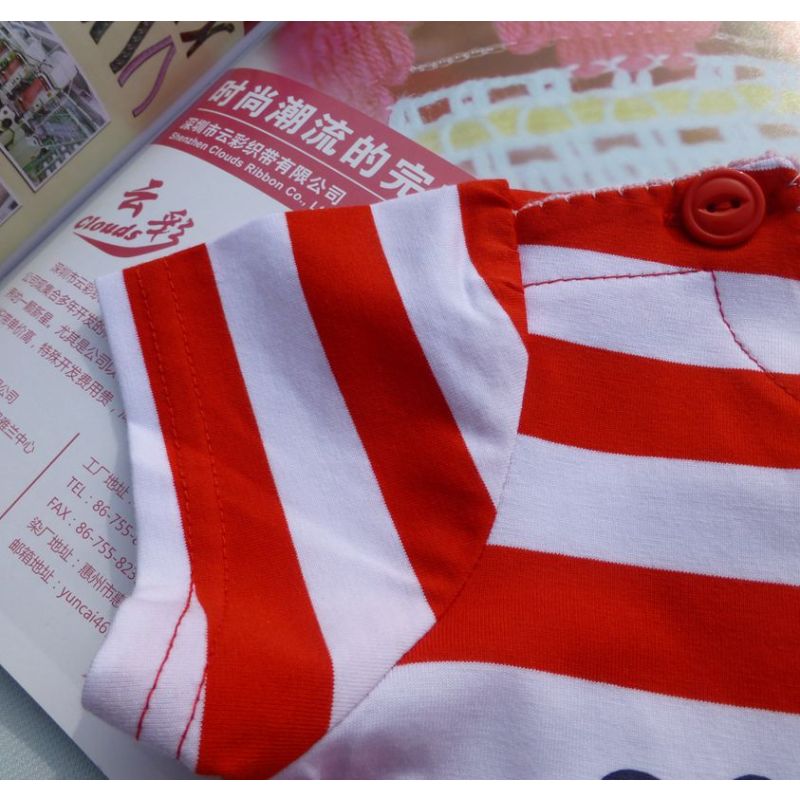 安笛贝乐品牌女童短袖T恤夏季大童童装儿童红色条纹纯棉圆领打底衫中小童半袖90-130cm