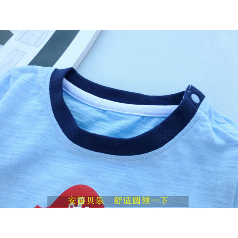 安笛贝乐品牌儿童短袖纯棉男童蓝色t恤衬衫全棉圆领小孩竹节棉半袖宝宝婴儿夏装90-130cm
