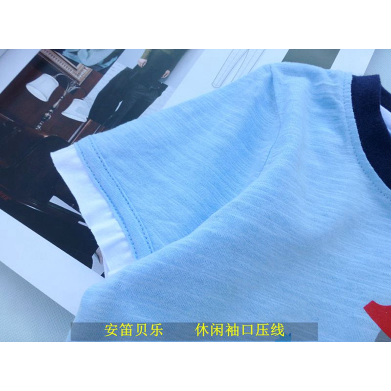 安笛贝乐品牌儿童短袖纯棉男童蓝色t恤衬衫全棉圆领小孩竹节棉半袖宝宝婴儿夏装90-130cm