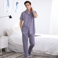 芬腾睡衣男夏季针织棉质短袖长裤夏天简约条纹丝光棉家居服套装