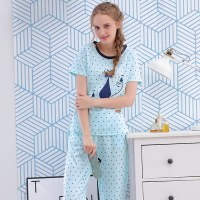 芬腾纯棉睡衣女春夏季可爱卡通短袖长裤针织全棉质圆领家居服套装