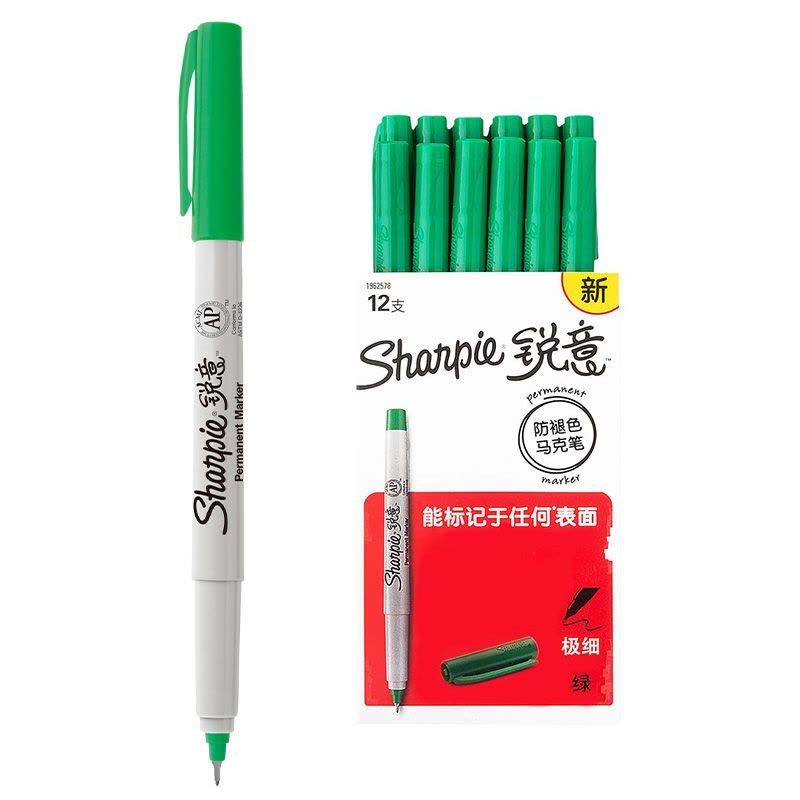 Sharpie 锐意防褪色马克笔极细绿色12支纸盒装图片