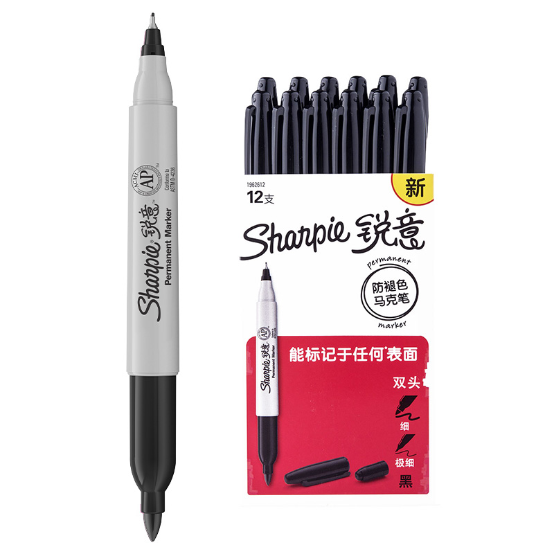 Sharpie 锐意防褪色马克笔双头黑12支纸盒装 美术绘画笔 手绘 涂鸦 彩色水彩笔 画画笔 学生办公通用 记号笔高清大图