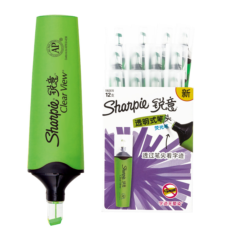 Sharpie 锐意荧光笔透明式笔头绿色12支纸盒装