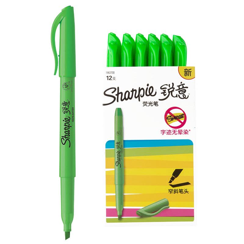 Sharpie 锐意荧光笔窄斜笔头绿色12支纸盒装图片