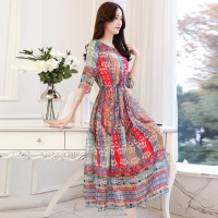 丝柏舍圆领中袖连衣裙女2017春装新款收腰修身花色中长裙S71R0332