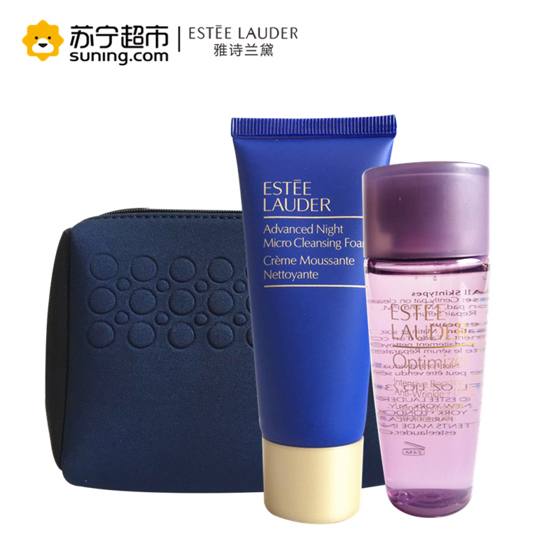 雅诗兰黛(Estee Lauder)抗皱竹粹水30ml+ 肌透修护洁面乳30ml +深蓝色圆圈拼接化妆包
